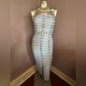 Fashion Nova Strapless Light Blue Bandage Midi Dress with Gold Hardware